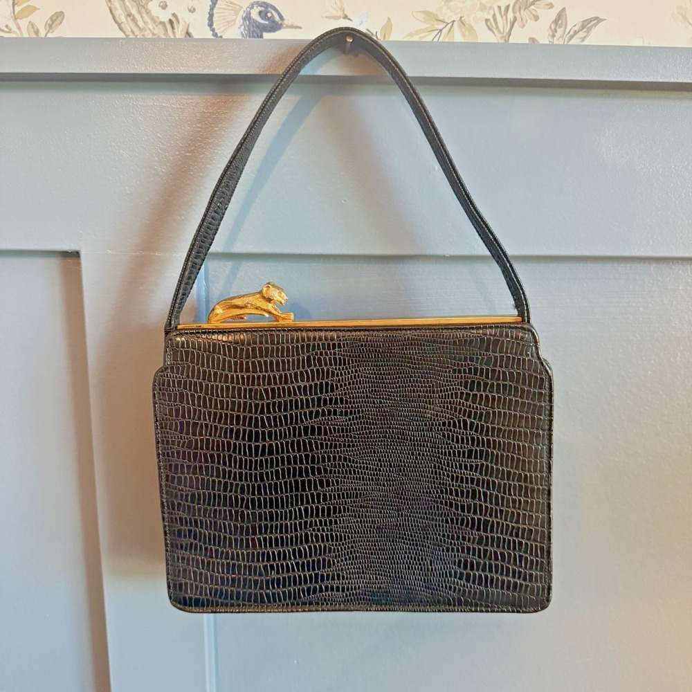Vintage Meyers Croc Embossed Handbag Black Gold Lion Cougar Clasp 1950s USA